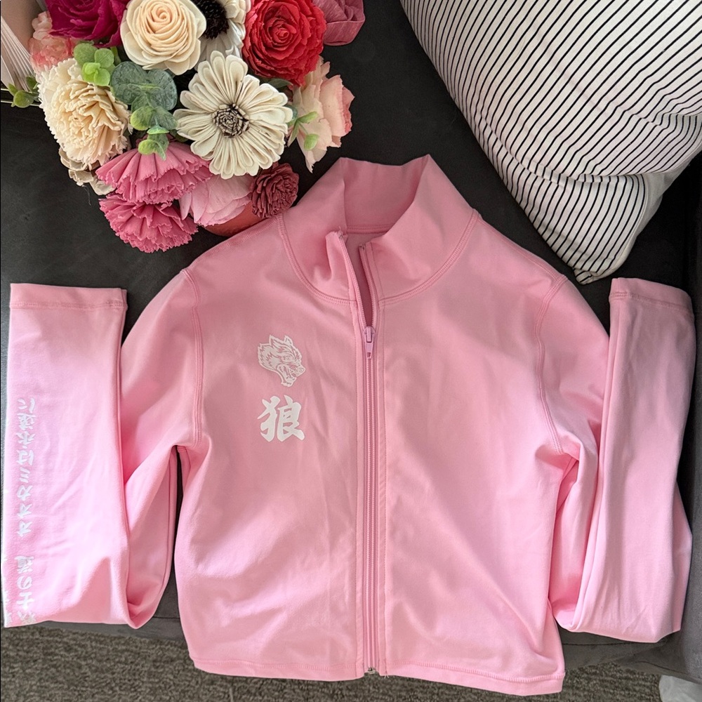Pink Zip-Up Jacket with Floral Embroidery